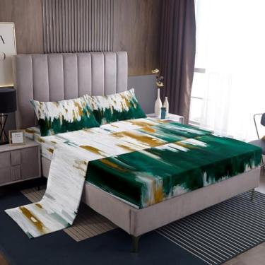 Imagem de Erosebridal Conjunto de lençóis completos de grafite aquarela, lençóis verdes turquesa, conjunto de cama listrado, conjunto de lençóis estéticos modernos, lençol com elástico de arte gradiente