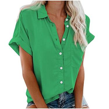 Imagem de Camisetas femininas de botão de verão, manga curta, gola V, casual, solta, cor sólida, blusas túnicas, gola de lapela básicas, Verde, 3G
