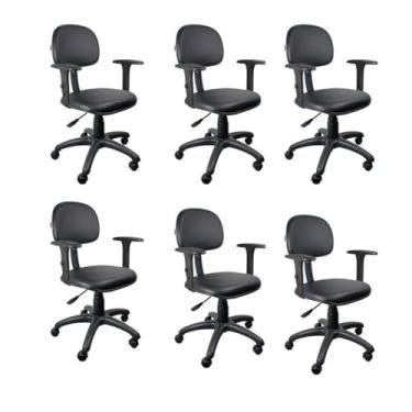 Imagem de Kit 6 Unidades Cadeira Escritório Secretária Giratória com Braço Regulável em Couro Preto