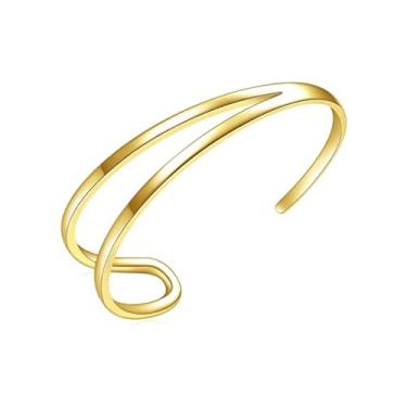 Imagem de E Pulseiras banhadas a ouro 14 K para mulheres adolescentes, simples aberto ajustável pulseira feminina minimalismo joia presente para mulheres meninas, bracelet inner perimeter 7'', Latão, Sem pedra preciosa