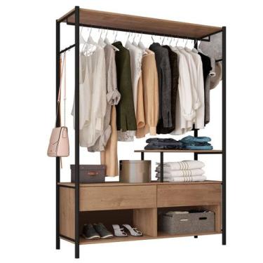 Imagem de Guarda-Roupa 3 Prateleiras 2 Gavetas Aço Carbono e MDF com e Cabideiro