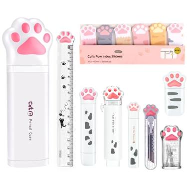 Imagem de BITOSEE 9 peças de material escolar fofo, artigos de papelaria fofos, inclui apontador de lápis, borracha, fita corretiva, notas adesivas, régua, tesoura, faca utilitária, para material de escritório