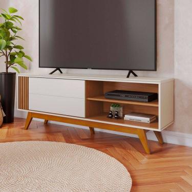 Imagem de Rack para TV Até 60 Polegadas Gillies 1 Porta Ripado Off White Matte/Freijó - Pnr Móveis