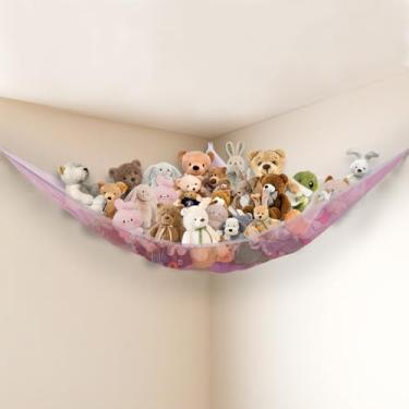 Imagem de Powkoo Rede para animais de pelúcia, canto, grande, organizador de brinquedos, rede de armazenamento para crianças, berçário, quarto, sala de jogos, decoração de parede de casa (rosa)