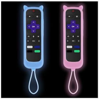 Imagem de Taiyiluo Pacote com 2 capas de controle remoto para Roku, capa de bateria para Smart TV TCL, capa protetora de silicone para controle remoto, capa universal para pele, rosa brilhante e azul brilhante