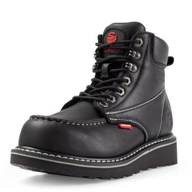 Imagem de SUREWAY Botas de trabalho masculinas de aço resistente/composto/bico macio de 15 cm, confortáveis e duráveis, couro de flor integral, resistente a óleo/deslizamento, botas de construção industrial com