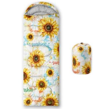 Imagem de QOOMO Sacos de dormir à prova d'água de girassol amarelo para adultos e crianças, sacos de dormir estampados para acampamento, clima quente e frio, leve, viagem e ao ar livre, equipamentos de