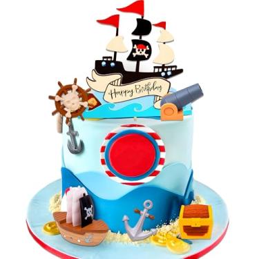 Imagem de Roaring Good Time Decoração de bolo de aniversário pirata suprimentos de festa de aniversário de pirata decoração de bolo de baú de tesouro palhetas de cupcake pirata navio decoração de bolo de caça