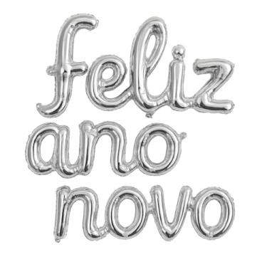 Imagem de Balão Feliz Ano Novo Cartelado 16" – Letras Metalizadas Dourado ou Prata – Decoração de Réveillon, Ano Novo, Festa de Fim de Ano (PRATA)