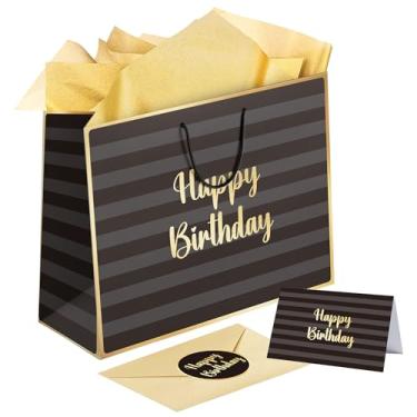 Imagem de Sumerk Bolsa grande de presente de aniversário de 33 cm com papel de seda e cartão, envelope e adesivos - Bolsa especial para presente de aniversário com janela transparente e porta-cartão