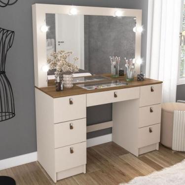 Imagem de Penteadeira Camarim França 7 Gavetas com Vidro Off White/Freijó - Poli