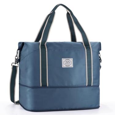 Imagem de WALNEW Bolsa esportiva de viagem, bolsa de mão feminina masculina, dobrável à prova d'água com alça de fivela de metal, Azul pavão, 16.1x8.3x(11+4.7) inches, Bolsa esportiva de viagem à prova d'água