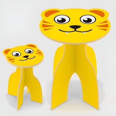 Imagem de Mesa Infantil Tiger Madeira Mesinha Didatica Com Cadeira Banquinho Desmontavel Kit Amarela Animalkids Junges