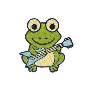 Imagem de Uijodif Uijodif Remendo de ferro bordado com sapo fofo, design musical verde e azul, 6 x 6 cm