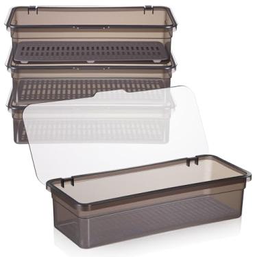 Imagem de AojSup Bandeja de talheres com tampa e escorredor, bandeja de talheres com tampa, organizador de gaveta de utensílios de plástico, recipiente de armazenamento de talheres cinza transparente para