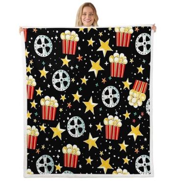 Imagem de Cobertor infantil vintage de filme, tema de filme, faixa de filme, estampa de pipoca, cobertor sherpa para meninas adolescentes, estrelas amarelas galáxia preto poliéster decoração cobertor de lã
