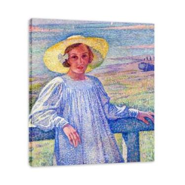 Imagem de Lady Wearing A Straw HatThéo van Rysselberghe: Impressão em tela neoimpressionista belga chave 80 x 96 cm emoldurada