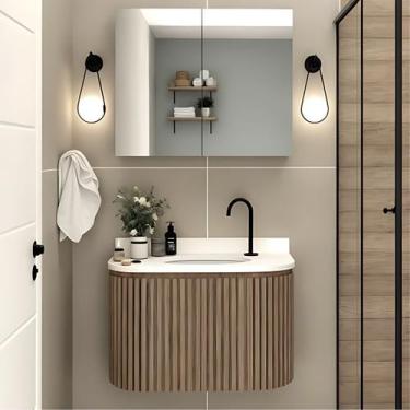 Imagem de Gabinete Banheiro Ripado Mdf com Curvo Cuba Ardósia Espelho - Rainha d