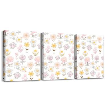 Imagem de Feelyou Arte de parede em tela de 3 peças de flores fofas para sala de estar quarto amarelo rosa floral arte de parede para decoração de casa flor romântica decoração de escritório arte estilo desenho