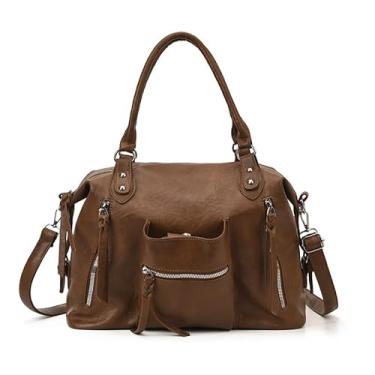 Imagem de Amszke Bolsa feminina de couro vegano, bolsa Hobo de grande capacidade com 2 tiras, bolsa tiracolo de ombro despojada, Marrom, Large