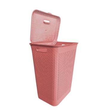 Imagem de Cesto de Roupas Plástico com Tampa 70L Estilo Rattan para Lavanderia e Banheiro (Rosa)
