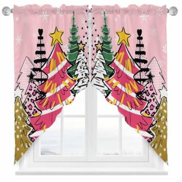 Imagem de Bilagawa Cortinas de dança de inverno casam com árvore de Natal floco de neve rosa 2 painéis com bolso de haste para cozinha, decoração curta para sala de estar quarto, 71 cm x 91 cm