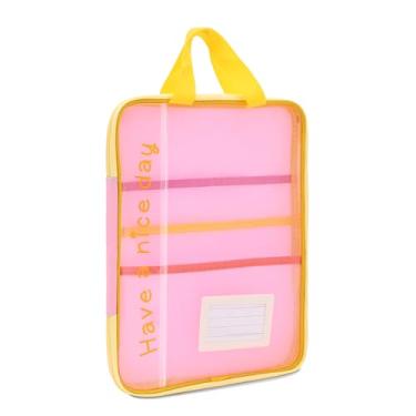Imagem de Valtiner Bolsa de malha com zíper A4 com alça, 33 x 25 cm, multicamadas transparentes, papelaria, documentos, organizador de nylon, pasta de arquivos leve para material escolar (amarelo brilhante)