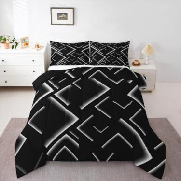 Imagem de jejeloiu Conjunto de edredom listrado cinza e preto, tamanho Queen, geométrico, abstrato, ombré, para meninos, meninas, adolescentes, moderno, moderno, simples, arte e edredom