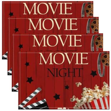 Imagem de Jogo americano para noite de cinema, 30,5 x 45,7 cm, conjunto de 4 jogos americanos retrô dos anos 70, à prova d'água, pipoca, filme, ripa, limpável, tábua de madeira vermelha, à prova de arranhões