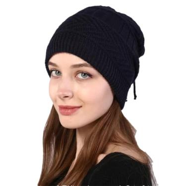 Imagem de Gorro feminino de malha elástica sólido cachecol quente para inverno, Azul escuro, tamanho �nico