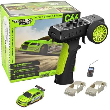 Imagem de FLYCOLOR Turbo Racing 1:76 Scale Drift RC Car with Gyro Mini Full Proportional RTR 2.4GHZ Remote Control with 2 Replaceable Body Shell (C66-Green)
