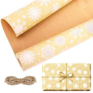 Imagem de CAKKVDE Papel de embrulho de Natal Kraft com barbante de juta - Rolo de embrulho de presente de 43 cm x 120 cm para presentes de férias e festas - Papel marrom durável (flocos de neve brancos)