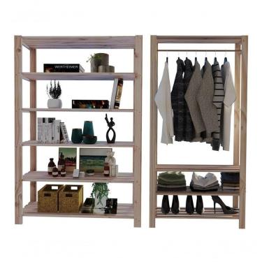 Imagem de Arara Nova Reforçada E Estante De Chão Minimalista Combo Madeira Natural Sala