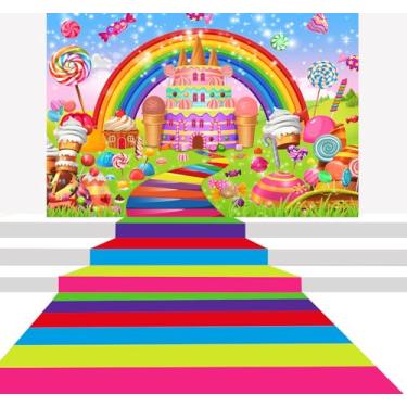 Imagem de 2 peças decorações de festa Candyland arco-íris pirulito doce candyland castelo pano de fundo com tapete de poliéster colorido corredor para crianças, chá de bebê, decoração de casa ao ar livre, faixa
