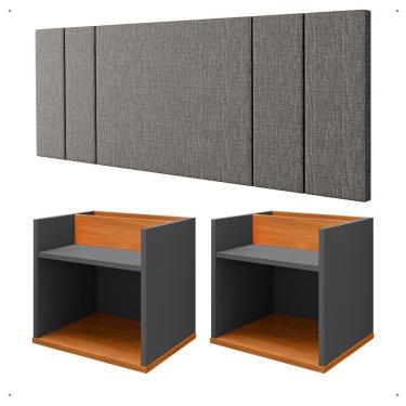 Imagem de Kit Mesa Madri Apoio Lateral Cama Suspensa Parede Cabeceira Luana Linho Elegante Aérea Quarto Casal - Cinza/Cinamomo