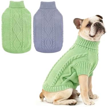 Imagem de Idepet Suéter clássico para cães, pacote com 2, tricô para filhotes, pulôver pequeno para animais de estimação, gola rolê, roupas quentes para cães para clima frio, moletom de malha de inverno (verde
