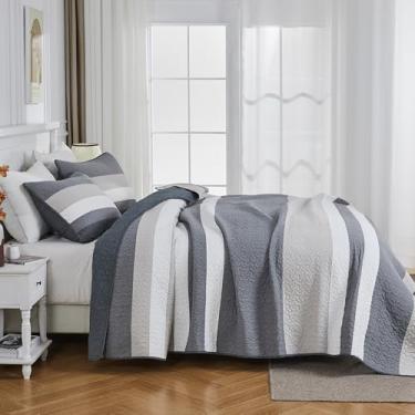 Imagem de SahSahCasa Conjunto de colcha King, conjunto de cama 100% algodão, estampa listrada, chique, leve, edredom acolchoado para cama king, cinza, todas as estações, 3 peças