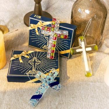 Imagem de Enfeites de vidro feitos à mão para pendurar, conjunto de 3 enfeites de cruz para decoração de memorial de árvore de Natal, batismo, presentes de aborto espontâneo para mães cristãs, apanhador solar