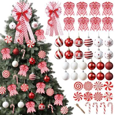 Imagem de Liliful Conjunto de 45 peças de decoração de árvore de Natal inclui bola de árvore de Natal de 6 cm, bola vermelha branca à prova de estilhaçamento, pingente de bengala doce de madeira e laços de