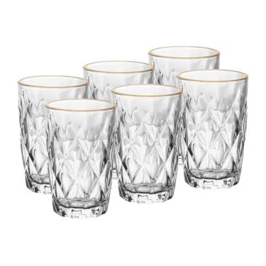 Imagem de Cj 6 Copos Altos de Vidro Diamond Transparente C/Fio de Ouro 390ml Lyor