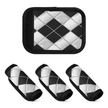 Imagem de Qilmy Alça de bagagem em grade búfalo preto e branco, pacote com 2 identificadores de bagagem, identificadores de bagagem, capa confortável para carrinho de bebê, mala de viagem, acessórios de viagem