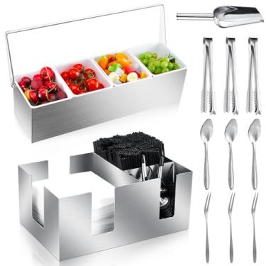 Imagem de Tessco for you Bandeja de enfeite com tampa de barra, recipiente de condimento resfriado a gelo com colher de gelo, mini pinças de servir, colheres de garfo de frutas, colheres para comida, festa em