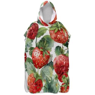 Imagem de Joisal Poncho de surfe para adultos trocador de roupa de banho com capuz bonito reutilizável unissex adulto poncho com capuz aquarela vermelho morango
