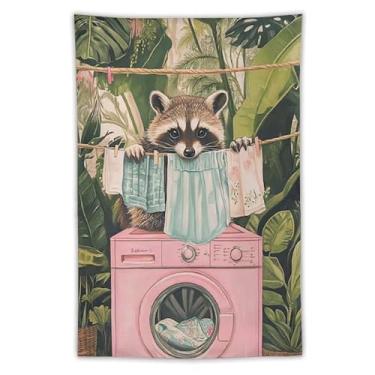 Imagem de Tapeçaria engraçada de guaxinim para lavanderia, animal fofo, pendurar na parede, folhas tropicais, lavadora, secadora, decoração para área de lavanderia, apartamento, dormitório, presente, decoração