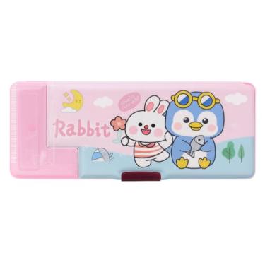 Imagem de Dynamart Estojo Escolar Infantil Retrô Automático, 3 Divisórias, Apontador Duplo, Plástico ABS, 24,5x9,5cm, Detalhe 3D, Botões Automáticos, Tabuada Traseira, para Crianças +5 Anos (Rabbit)