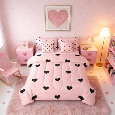 Imagem de Erosebridal Conjunto de edredom solteiro para meninas, 7 peças, com estampa de coração fofo, kawaii, rosa, preto, edredom com edredom, lençóis, fronhas, desenho geométrico