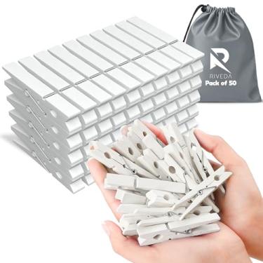 Imagem de Pacote com 50 alfinetes coloridos de madeira para artesanato, prendedores de roupa de 6 cm, itens essenciais para casa e sala de aula, decoração e artesanato, quadros para pendurar, branco