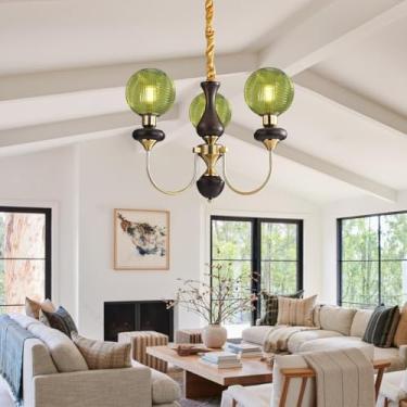 Imagem de Lustre Globo para Ilha de Cozinha, Luminária Pendente em Vidro Verde, Luminária de Teto Dourada Vintage Artística, Iluminação Suspensa em Madeira de Meados do Século para Quarto e Sala de Es