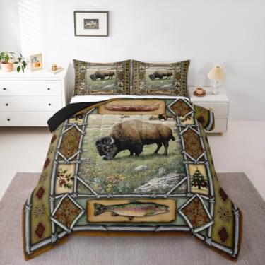Imagem de Feelyou Conjunto de edredom Queen com estampa de bisonte, cabana rústica, lago, para crianças, meninos, meninas, vida selvagem, natureza, edredom macio, leve, microfibra para decoração de quarto