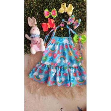 Imagem de Vestido Infantil E Juvenil Lala Modinha Menina, Azul com sol, Arco íri